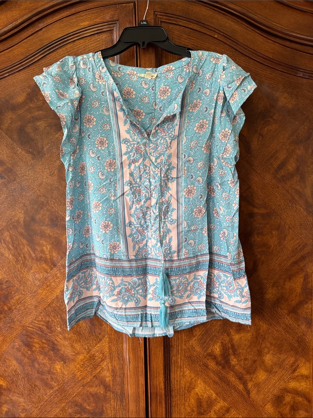 Cotton Bleu Floral V-Neck Tie-Front Tunic Blouse size Small